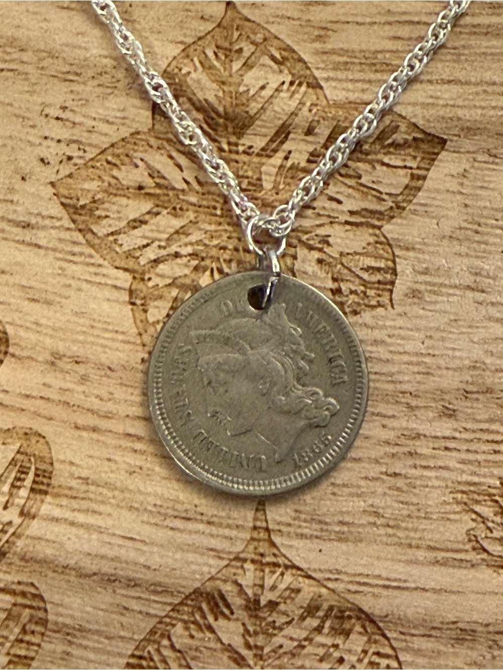 Genuine 3-Cent Coin from 1865 on 16in Sterling Silver Necklace